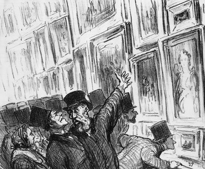 Künstler wird auf dem Pariser Salon 1859 über die Platzierung seines Werkes in der Ausstellung getröstet, Karikatur aus der Zeitschrift 